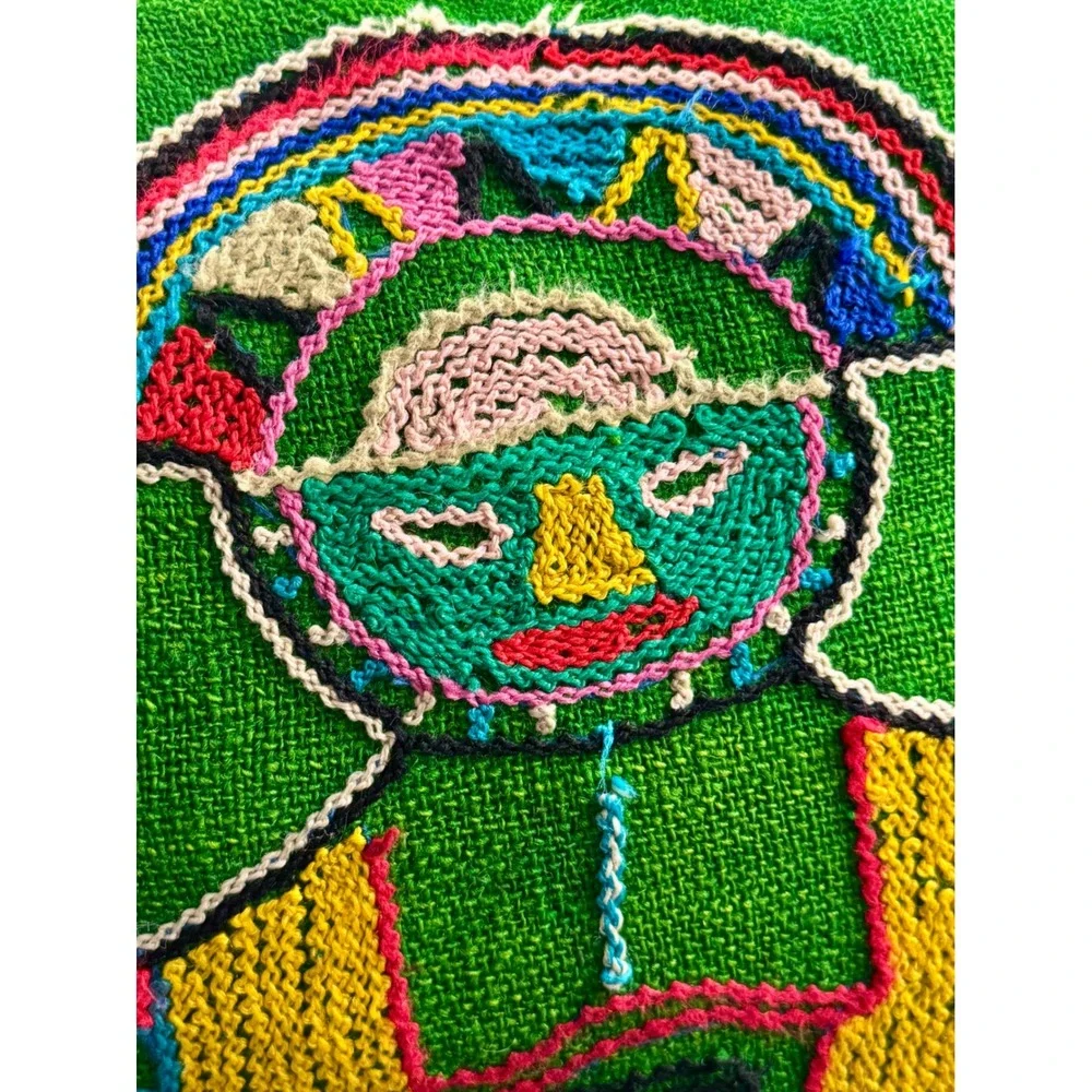Vintage Peruvian Folk‎ Art Embroidered Wool Pillow Green Andean Figure 13x13